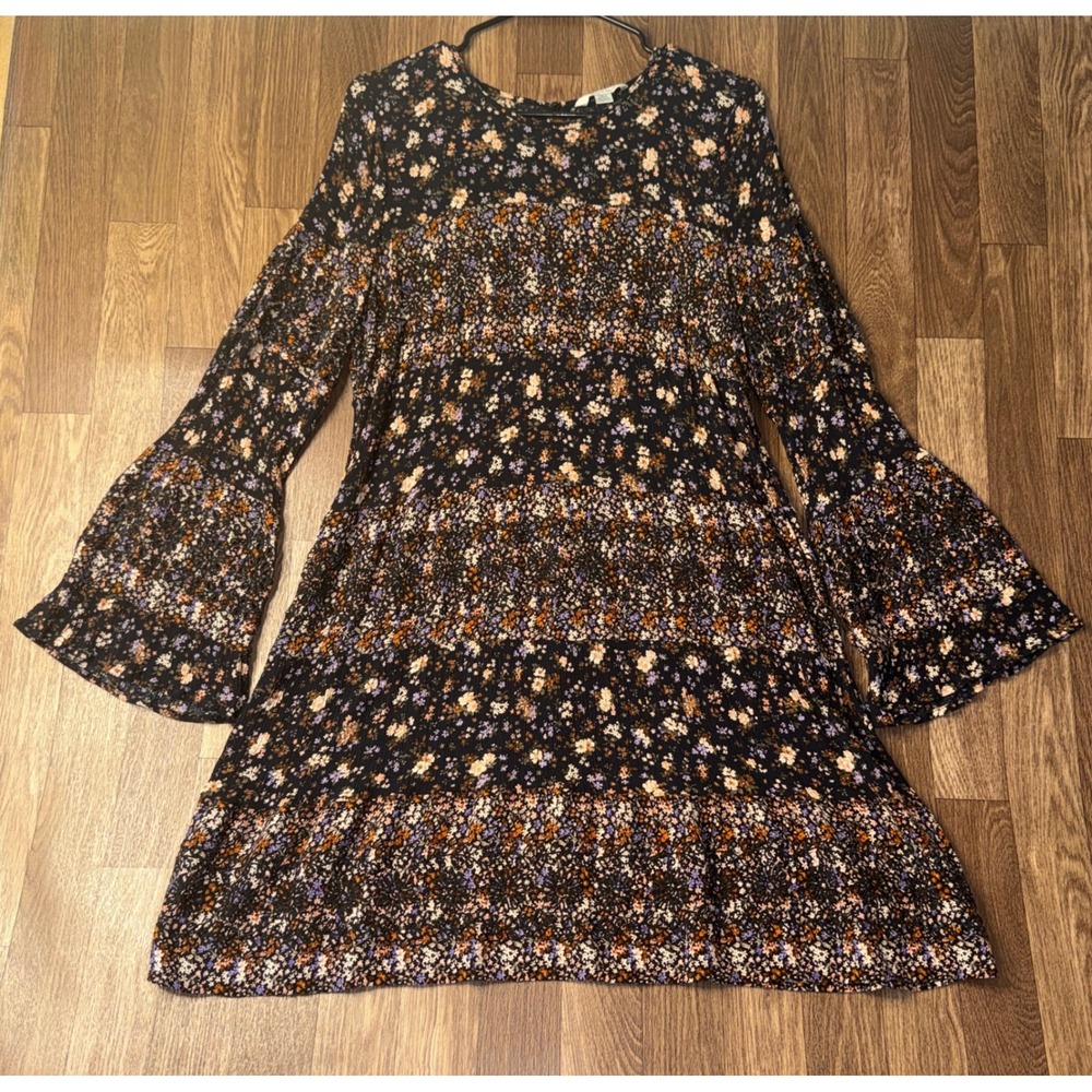 American Eagle Floral Bell Sleeve Mini Dress Navy Orange Smocked Eyelet Large